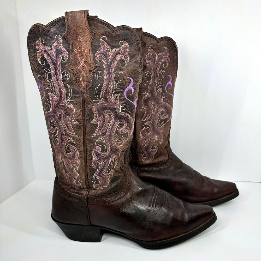 Justin Womens 8B Cowboy Boots Brown Leather Purple Embroidered Western - Picture 2 of 12